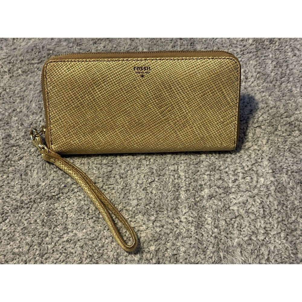 Fossil Sydney Metallic Gold Pebbled Leather Zip Around Checkbook Card Wallet